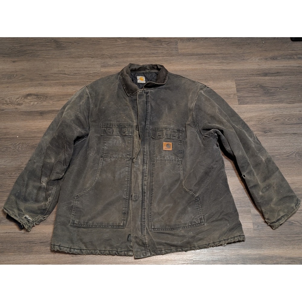 Distressed Carhartt‎ Jacket Men 2XL Black Barn Chore Coat Duck Canvas Heavy READ